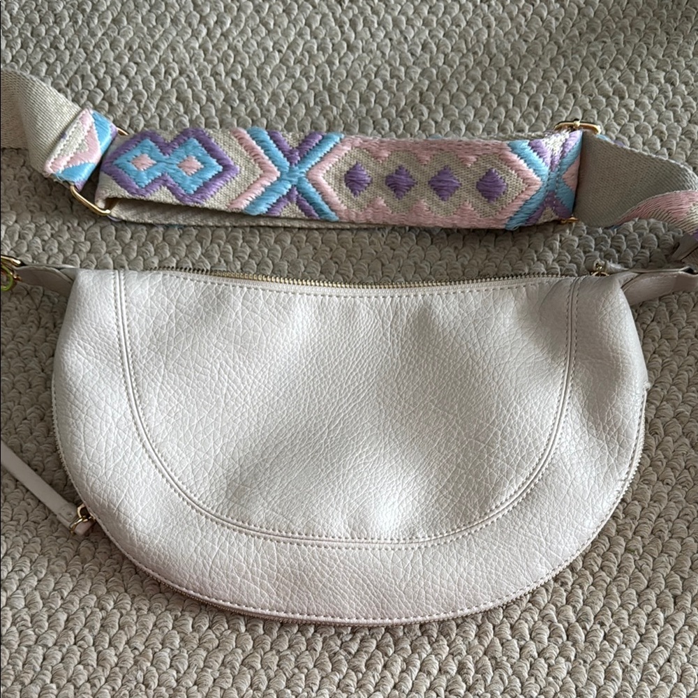 White and Purple Crossbody Bag with Geometric Strap